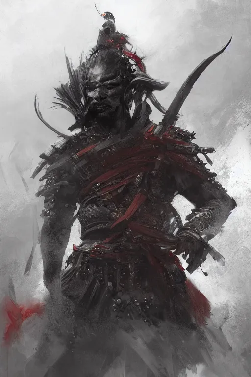 Image similar to samurai, dark, intricate, highly detailed, epic, digital painting, artstation, concept art, digital illustration by Ruan Jia and Mandy Jurgens and Wayne Barlowe and Greg Rutkowski and Zdislav Bekinski