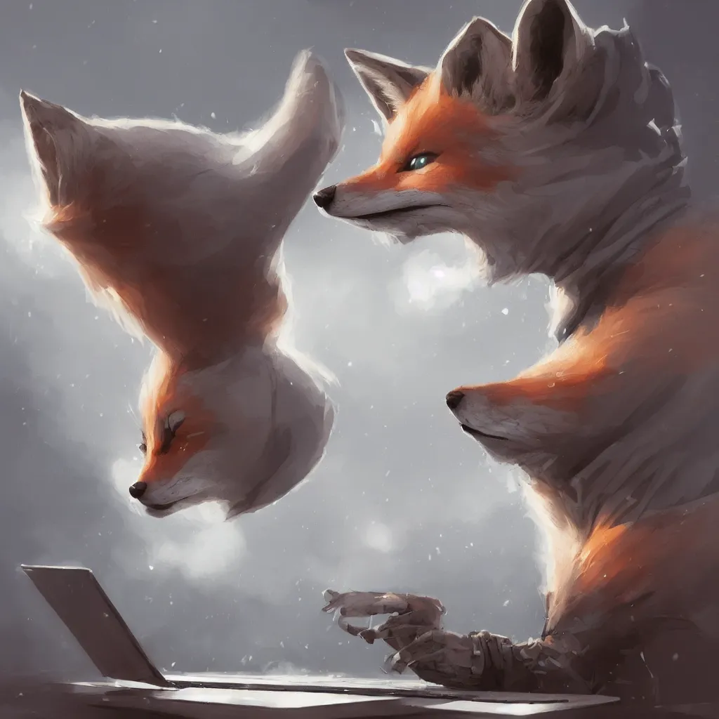 Prompt: an anthropomorphic fox in a hoodie sitting in front of a portable black computer, white background, concept art, digital painting, highly detailed, style of by Jordan Grimmer and greg rutkowski, illustration