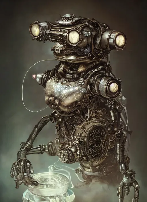 Prompt: a beautiful intricate fine art portrait photo of a mechanical industrial steampunk cybernetic toad, by tom bagshaw and zach sutton, perfection!, milk bath photography, studio lighting, backlight, 35mm lens, very detailed, bionic, cybernetic scifi, deep depth of field, artstation, 8K, highly coherent