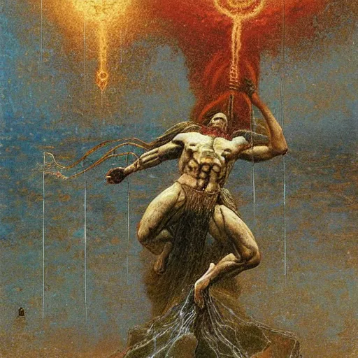 Image similar to zeus in golden thunder armor, wielding ornamented thunder bolt, beksinski