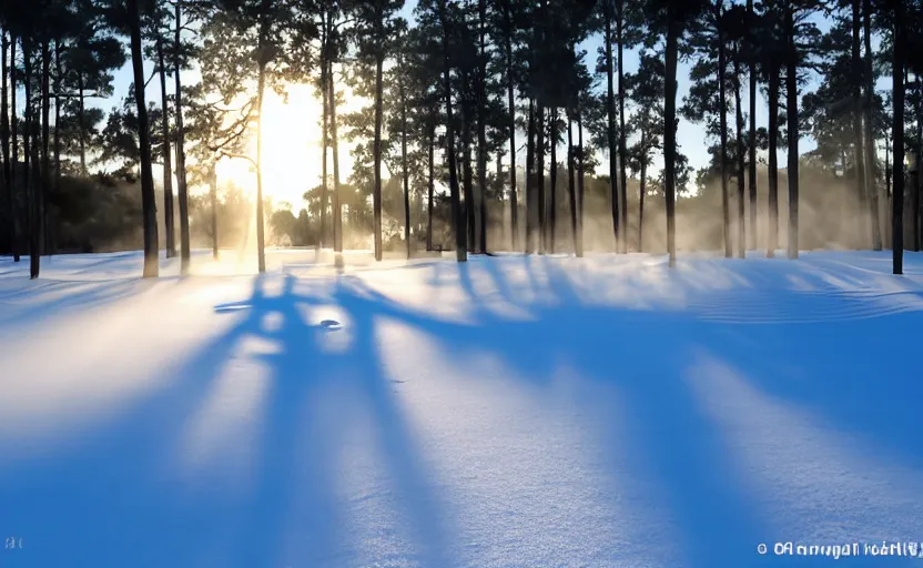 Image similar to augusta national, the masters, nr. 1 2, middle of the winter, completely covered in snow, beautiful ambient light, stunning photography, fog, light rays