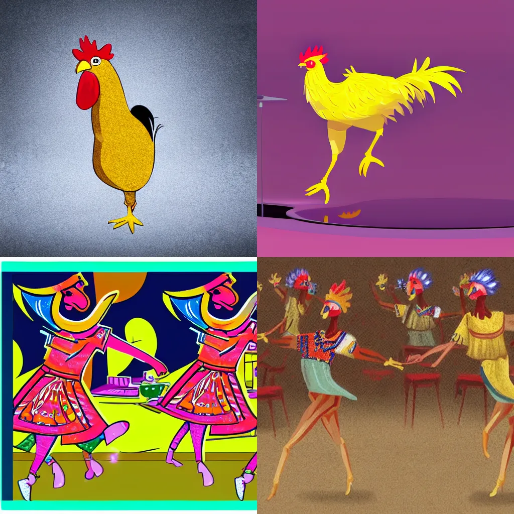 Prompt: illustration of a Chicken dancing on the dance floor, 4k, High-details, real live.