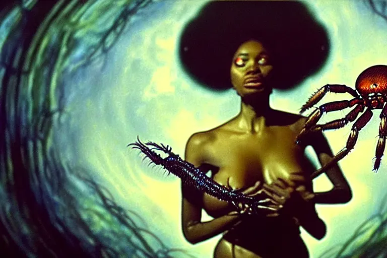 Image similar to realistic detailed closeup portrait movie shot of a beautiful black woman dancing with a giant spider, futuristic sci fi landscape background by denis villeneuve, jean deville, amano, yves tanguy, ernst haeckel, alphonse mucha, max ernst, caravaggio, roger dean, sci - fi necklace, fashion, masterpiece, rich moody colours