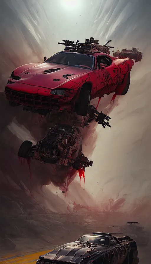 Prompt: road warrior, gemma chan girl, carmageddon, muscle cars, weapons, mad max, blood drive, made by stanley artgerm lau, wlop, rossdraws, james jean, andrei riabovitchev, marc simonetti, yoshitaka amano, beksinski artstation, cgsociety