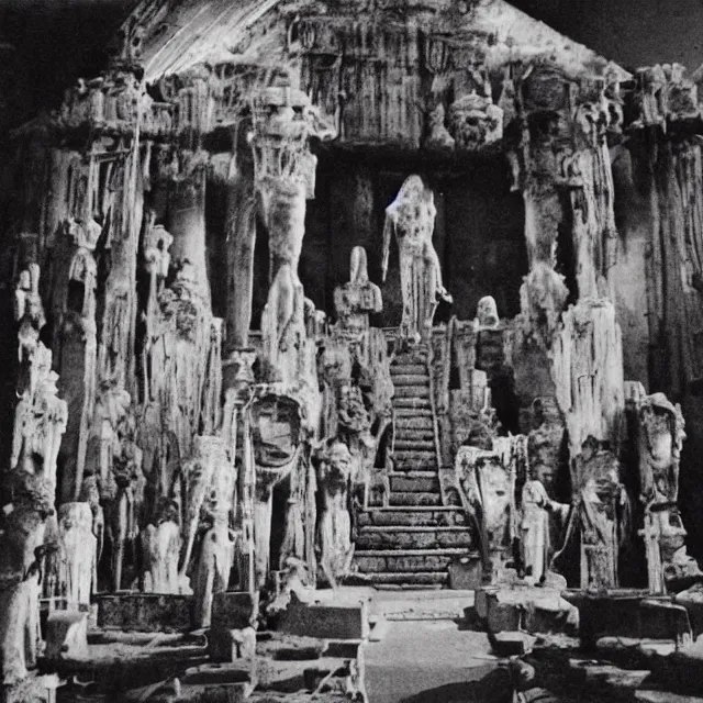 Image similar to temple made of flesh, blood temple, vintage horror movie film still