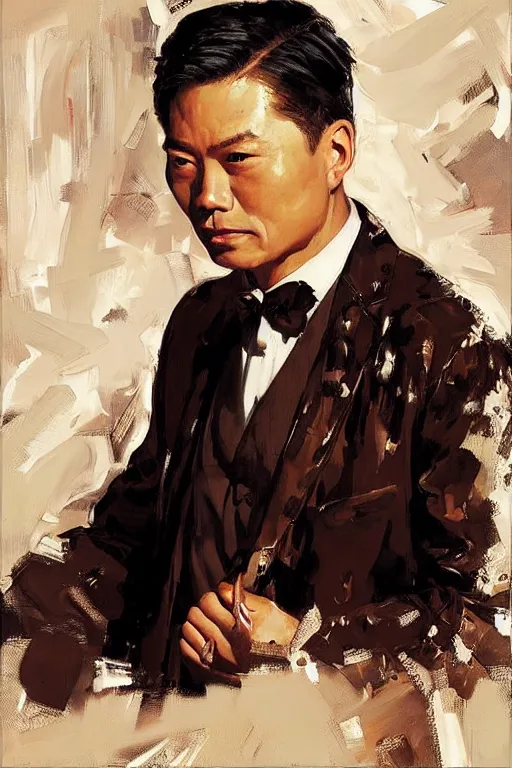 Image similar to waymond wang, painting by jc leyendecker!! phil hale!, angular, brush strokes, painterly, vintage, crisp