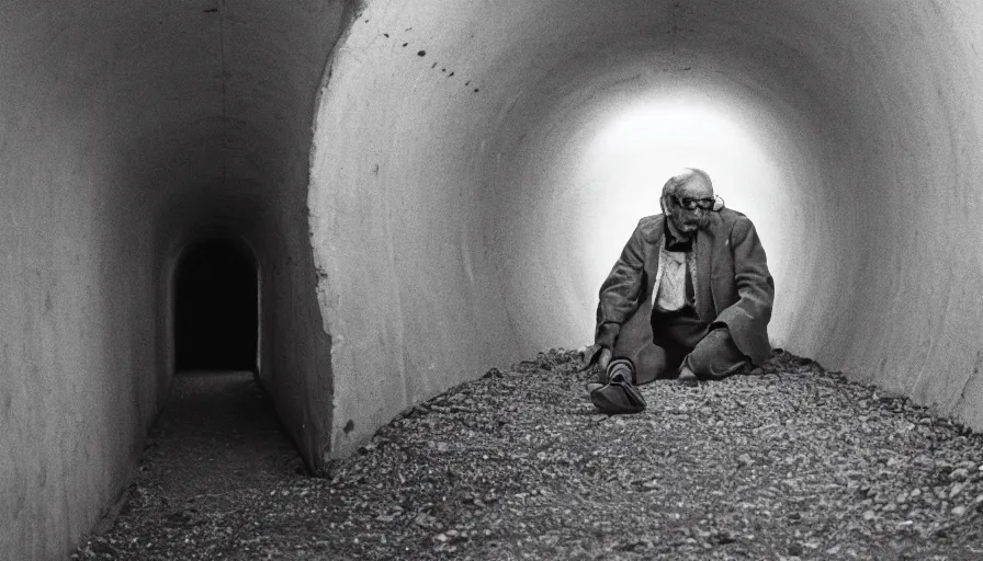 Image similar to 7 0 s movie still of an old man in a tiny tunnel. his skin is full of holes. cinestill 8 0 0 t 3 5 mm technicolor, heavy grain, high quality, high detail