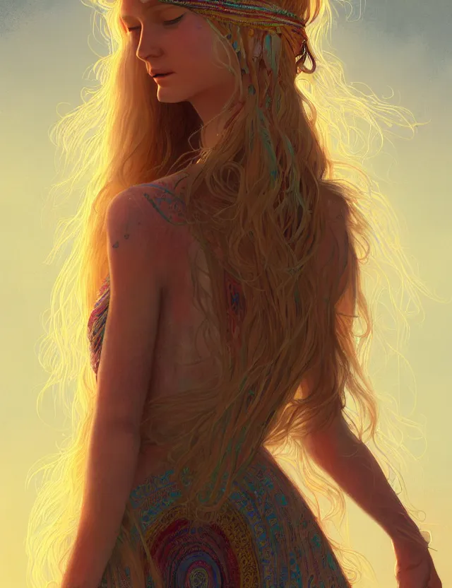 Image similar to a young woman wearing a boho dress at woodstock, hippie girl, long blonde hair, groovy hairband, bangs, intricate, smooth, groovy lighting, highly detailed, digital painting, artstation, concept art, smooth, sharp focus, illustration, art by wlop, mars ravelo and greg rutkowski