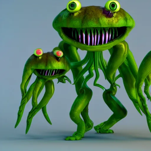 Image similar to cute alien carniverous plant creature with many eyes, big teeth, many arms, many leafy legs with radial symmetry detailed character concept 3 d pixar style render 4 k