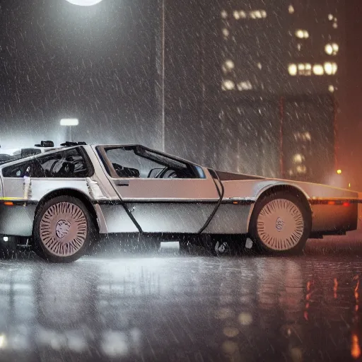 Image similar to hyperdetailed, photorealistic photograph of a dmc 1 2 delorean driving in the streets, rain, night, dense fog, hd, unreal engine 5