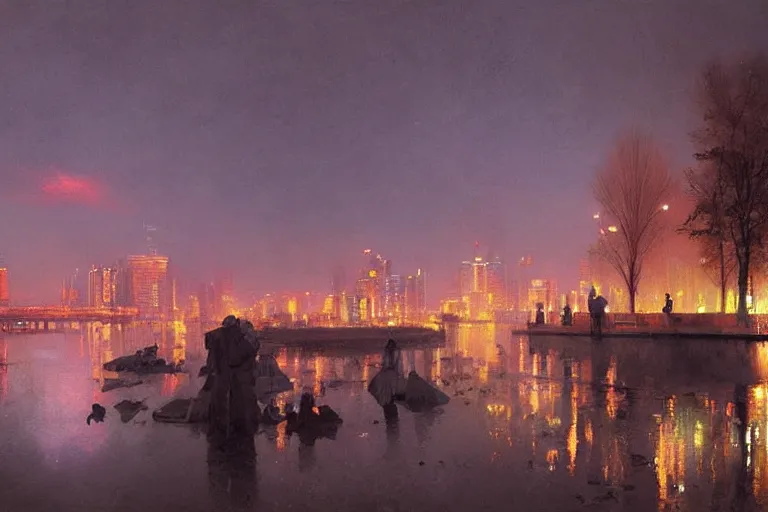 Image similar to Kyiv on Dnieper river, neon lighting, night city, digital art from artstation by Ruan Jia and Mandy Jurgens and Artgerm and william-adolphe bouguereau and Greg Rutkowski and Wayne Barlowe