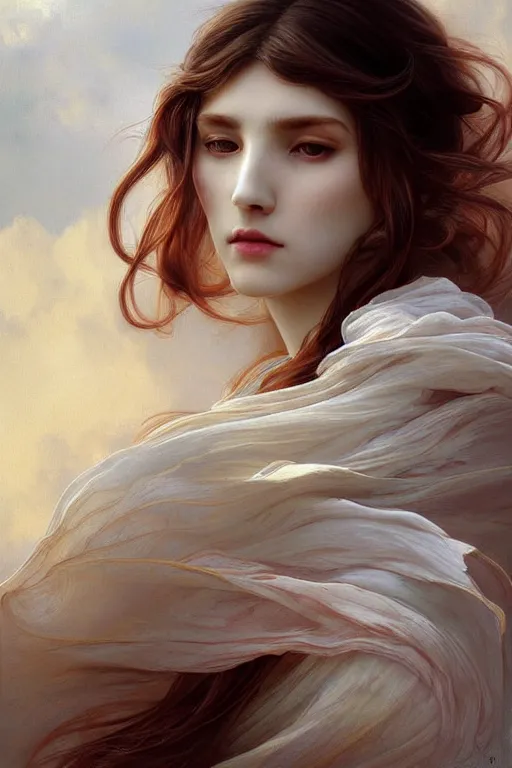 Prompt: portrait of white ghost, dark fantasy, gradient white red grey, dreamy and ethereal, brown eyes, golden ratio, peaceful expression, ornate frilly dress, fantasy, intricate, elegant, clouds and wind, highly detailed, digital painting, artstation, concept art, smooth, b sharp focus, illustration, art by artgerm and greg rutkowski and alphonse mucha