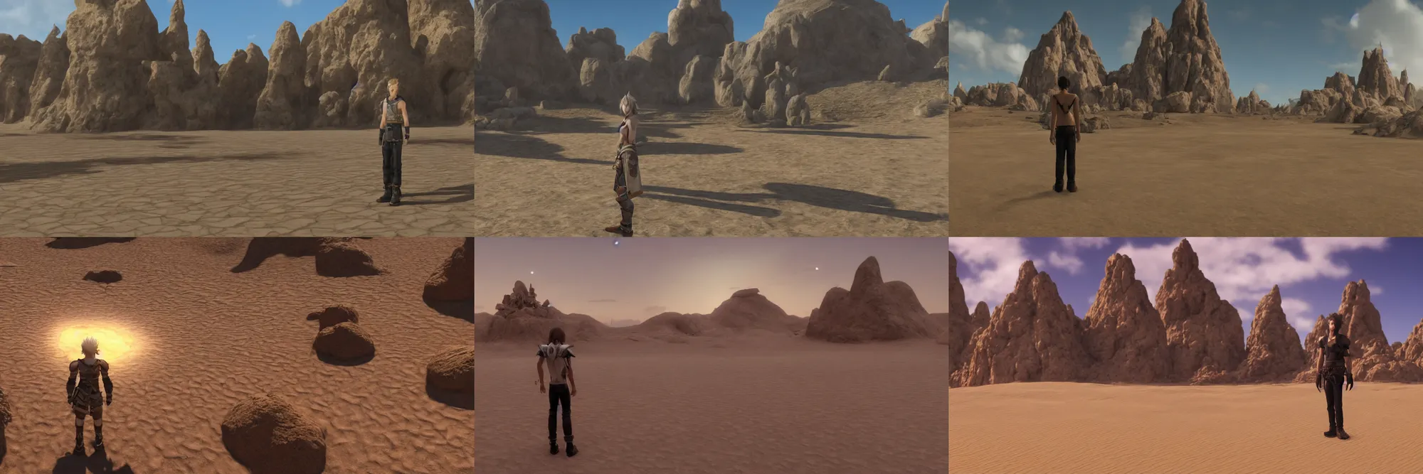 Prompt: a young man standing at the entrance of an isolated sacred spiritual fantasy alien village in a vast sand desert, final fantasy, square enix, squaresoft, jrpg, unreal engine