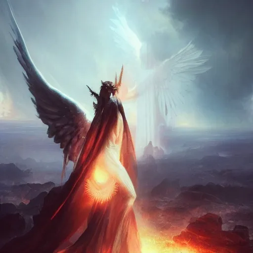 Prompt: a beautiful picture of the angel Lucifer looking at the domain of hell by Greg Rutkowski and Ruan Jia, hyper realistic, landscape, 8k texture, trending on Artstation