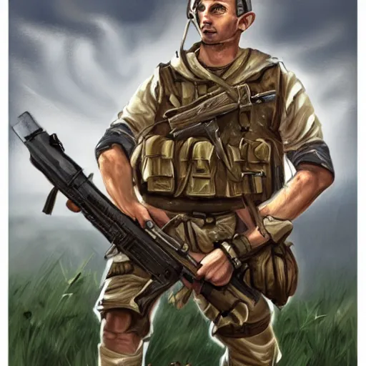 Prompt: fantasy art volunteered for the army on my birthday draft the white trash first'round here anyway