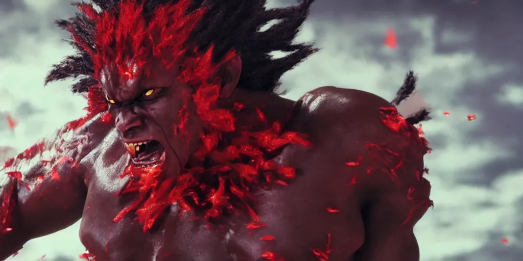 Image similar to a film still of a black man starring in a japanese blockbuster film as akuma from tekken, shallow depth of field, cinematic, award winning cgi, vfx, film still