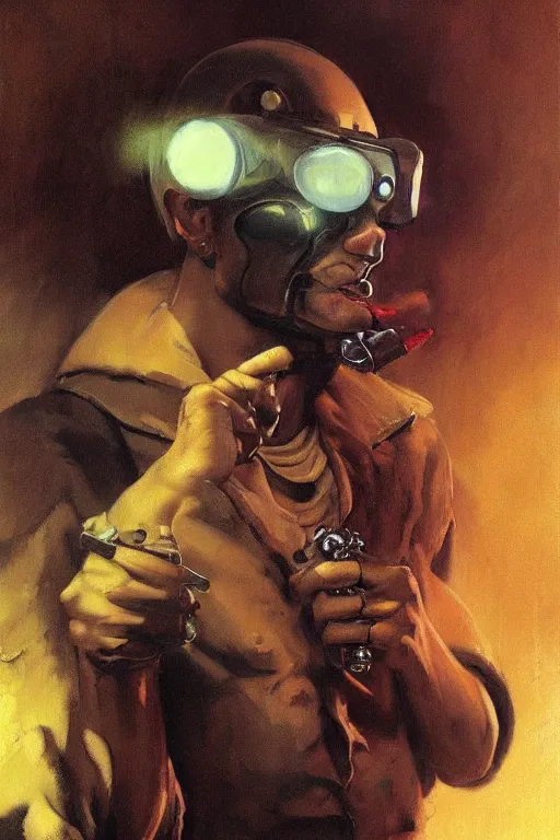 Image similar to An android smoking a cigar in a cyberpunk setting, by Frank Frazetta, Trending on Artstation, highly detailed,