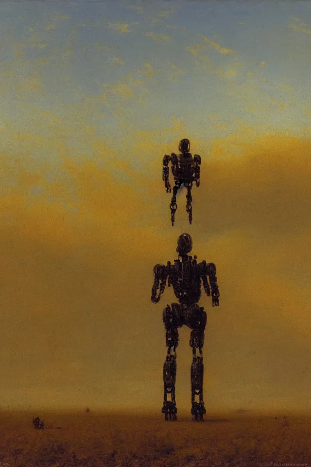 Prompt: painting of the back view of a terminator-like robot, standing in the vast yellow wheat fields, looking at five distant gargantuan tall buildings by Ivan Aivazovsky