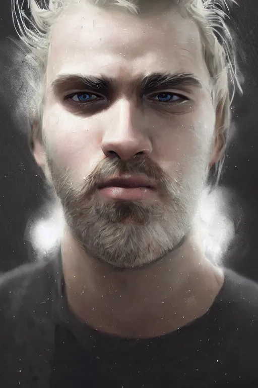 Image similar to blonde wild hair man with a little beard, one black eye - patch, plain white shirt, close - up portrait, powerfull, intricate, elegant, volumetric lighting, scenery, digital painting, highly detailed, artstation, sharp focus, illustration, concept art, ruan jia, steve mccurry