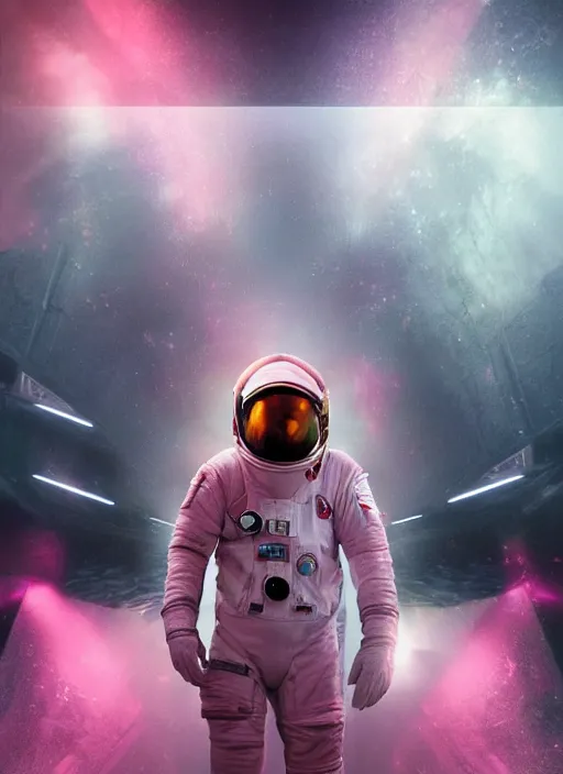 Image similar to complex poster by craig mullins astronaut in futuristic dark and empty spaceship underwater. infrared glowing lights. complex and hyperdetailed technical pink suit. reflection and dispersion materials. rays and dispersion of light. volumetric light. 5 0 mm, f / 3 2. noise film photo. flash photography. unreal engine 4, octane render. interstellar movie art