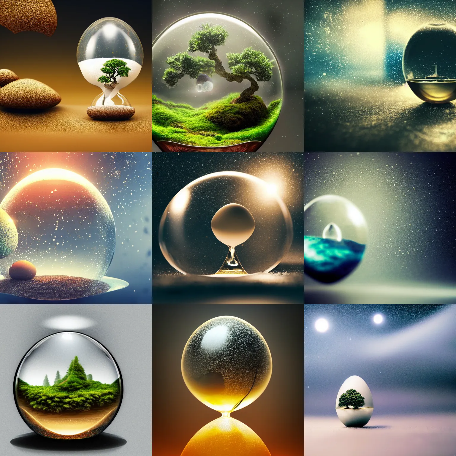 Prompt: miniature world inside of an eggshell, hourglass, bonsai, galaxy, water droplet, intricate detail, volumetric lighting, epic composition, hyper detailed, ultra realistic, sharp focus, octane render, volumetric, ray tracing, sense of awe, swirling mist, 4 k