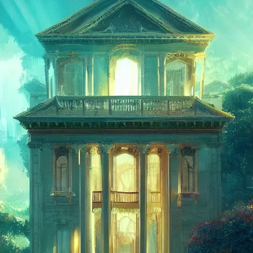 Prompt: mansion made of rainbows!!! and crystal, ethereal, reflections, rays of light, by greg rutkowski, trending on artstation, highly detailed