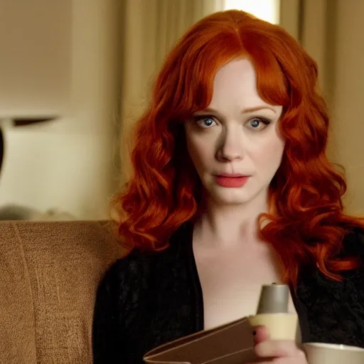 Image similar to a very surprised looking beautiful Christina Hendricks r in the living room, film still from the movie directed by Denis Villeneuve , wide lens