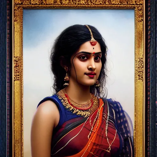 Image similar to beautiful young laxmi wearing bihu mekhela costume ; portrait by artgerm and tom bagshaw ; trending on artstation ; award winning, cinematic natural dramatic lighting, studio photography by annie leibovitz