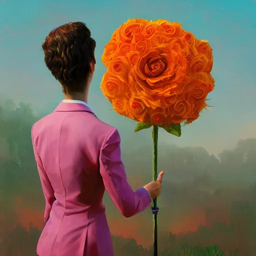 Prompt: giant rose flower head, frontal, girl in a suit, surreal photography, sunrise, dramatic light, impressionist painting, digital painting, artstation, simon stalenhag