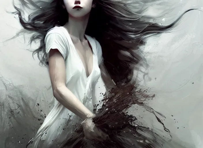 Prompt: white dress girl chasing from grim reaper, messy hair, messy lines, scared face, beautiful and aesthetic and attractive and detailed face, dramatic situation, specular reflection, occlusion shadow, intricate, bokeh, by ilya kuvshinov and jeremy lipking and quentin mabille