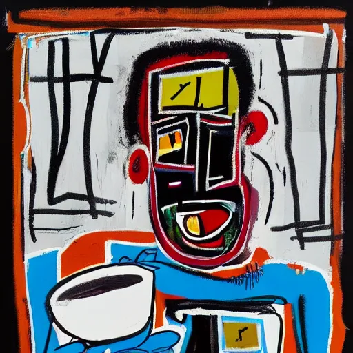 Prompt: Happy Morning. Sunlight is pouring through the window lighting the face of a sleepy young man drinking a cup of coffee. A new day has dawned bringing with it new hopes and aspirations. Painted in the style of Basquiat, 1980