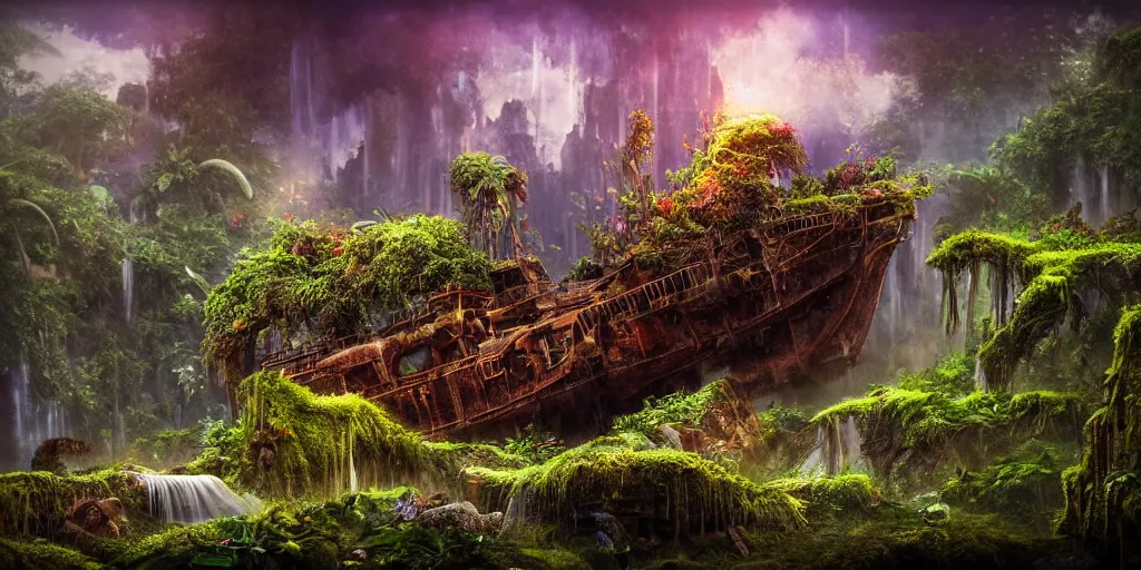 Image similar to a rusty ethereal ghost ship in a prehistoric jungle, lush flora, waterfall, mountains, dark towering clouds, flowers, vines, sunset, hazy, volumetric lighting, rtx on, washed out colors, an award winning digital render, beautiful, stunning, ultradetailed, great composition