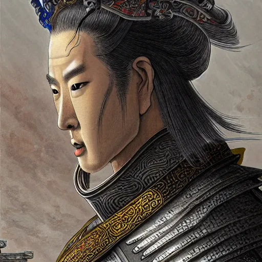 Image similar to dynamic composition, motion, ultra-detailed, incredibly detailed, a lot of details, amazing fine details and brush strokes, colorful and grayish palette, smooth, HD semirealistic anime CG concept art digital painting, watercolor oil painting of a Tang Ming dynasty chinese tao fantasy general wearing armor, from Three Kingdoms, by a Chinese artist at ArtStation, by Huang Guangjian, Fenghua Zhong, Ruan Jia, Xin Jin and Wei Chang. Realistic artwork of a Chinese videogame, gradients, gentle an harmonic grayish colors.