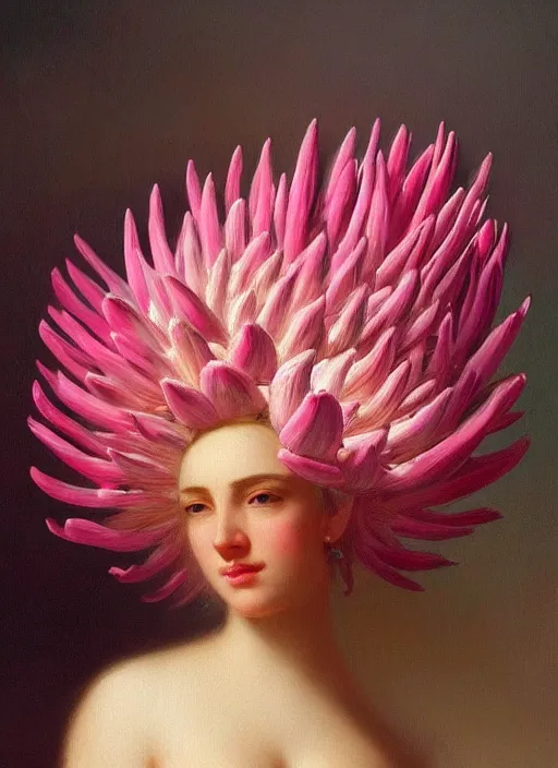 Image similar to stunning mexican godess, detailed pink and white protea head peace against a black backdrop by ivan aivazovsky, wlop, oil painting, beautiful soft lighting, muted colours, artstation