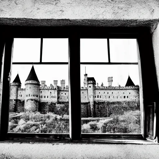 Image similar to james webb photography outside castle window in medieval times, black and white photography