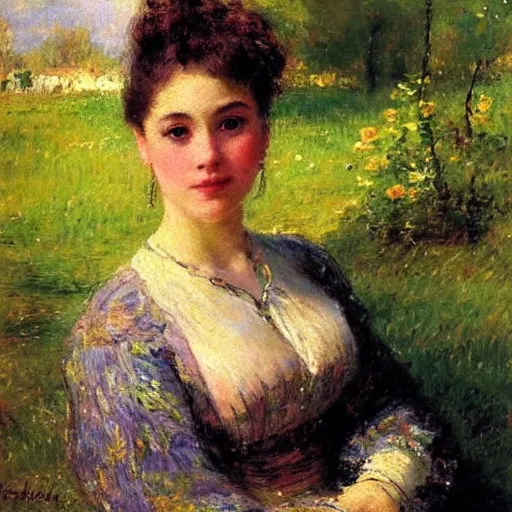 Image similar to portrait of a young woman, impressionism, realism, landscape, portrait, romanticism, painting by nikolay makovsky