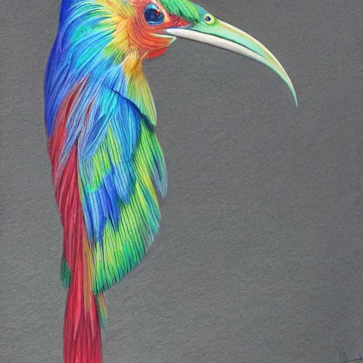 Prompt: a color pencil drawing of a quetzal bird by natalia rojas and ana maria martinez jaramillo, pastel color, wingspan, realistic graphite, high quality, artstation, 4 k, realism, photorealism, fine art