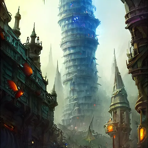 Image similar to a giant fish tank shaped like a tower in the middle of a city, godray on plants, fantasy digital art, fantasy style art, fantasy hearthstone art style, fantasy game art by greg rutkowski, darksouls concept art