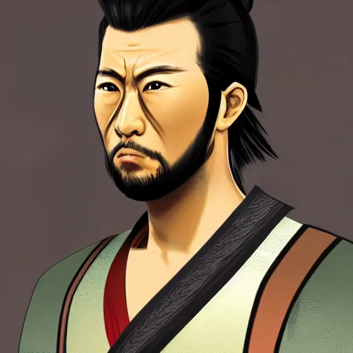 Prompt: hyper realistic concept art character of a handsome characteristic samurai fighter with an intense stare