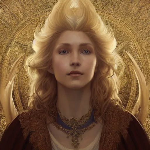 Prompt: portrait painting of a beautiful blonde lady with a kind face wearing a feathered cloak and noble garments, ultra realistic, concept art, intricate details, eerie, highly detailed, photorealistic, octane render, 8 k, unreal engine. art by artgerm and greg rutkowski and charlie bowater and magali villeneuve and alphonse mucha