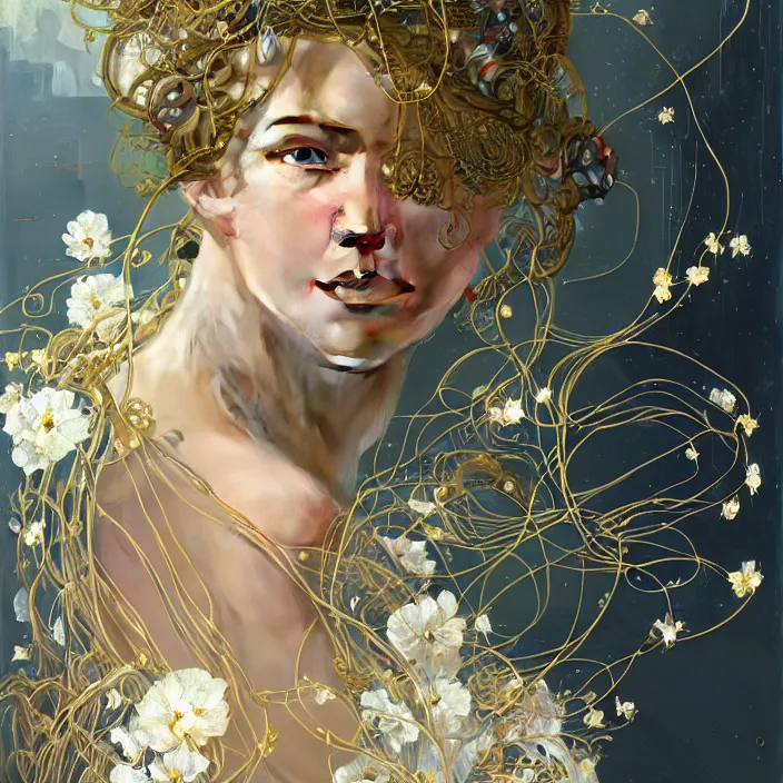 Image similar to hyperrealist portrait of a 2 0 4 4 space sport engineer, it is decorated with long gold wires and white flowers that fall like vines and wears a huge computer crown. by jeremy mann and alphonse mucha, fantasy art, photo realistic, dynamic lighting, artstation, poster, volumetric lighting, dramatic light, very detailed faces, 8 k, award winning