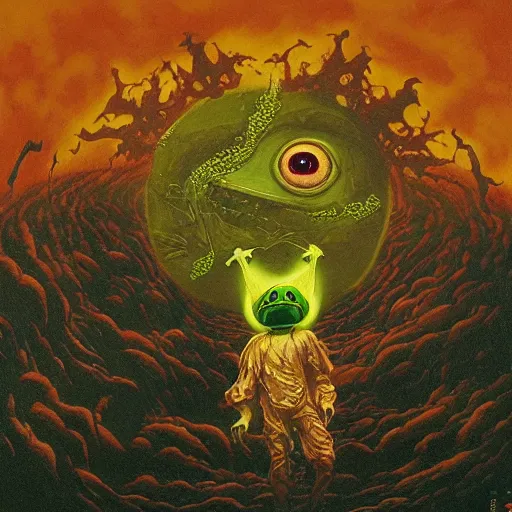 Image similar to pepe the frog being forced into a portal from hell, floating dark energy surrounds them. there is one cow in the corner of the room, surrounded by a background of dark cyber mystic alchemical transmutation heavenless realm. highly detailed, vivid color, beksinski painting, part by adrian ghenie and gerhard richter. art by takato yamamoto. masterpiece