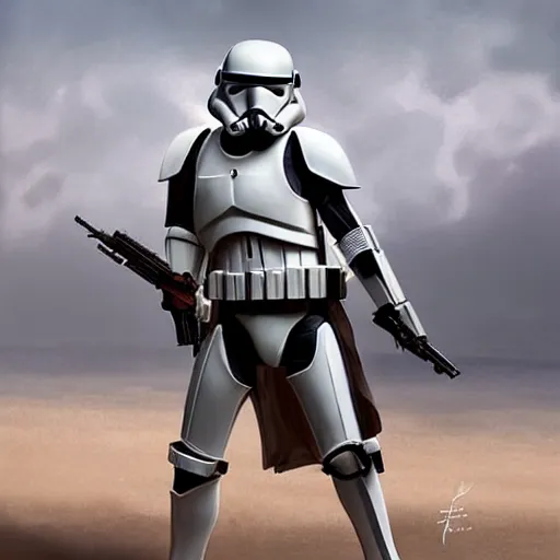 Image similar to an extremely long shot of an imperial stormtrooper in battle position ready to shoot his blaster concept art by Doug Chiang cinematic, realistic painting, high definition, very detailed, extremely high detail, photo realistic, concept art, the Mandalorian concept art style