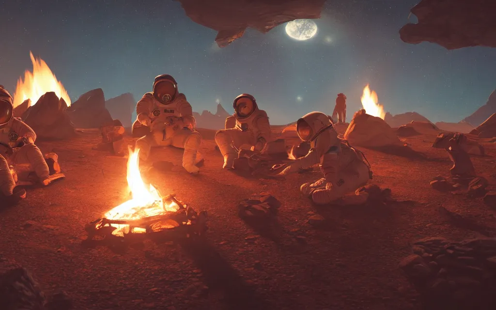 Image similar to Three astronauts sitting around a campfire on a desolate planet, digital art, 4k, ArtStation, epic composition, unreal engine