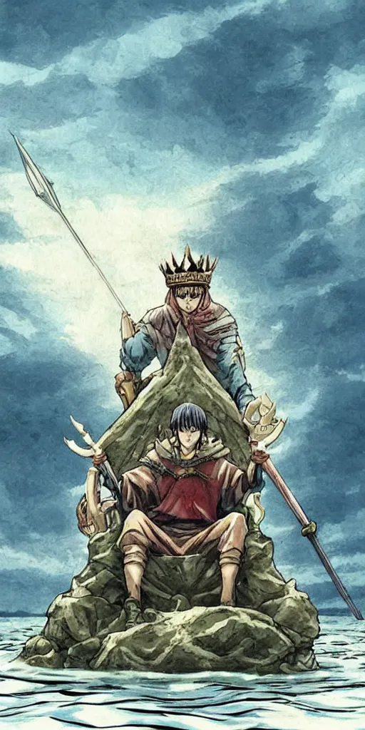 Prompt: a single lone king sitting on a throne floating on water in the middle of a lake drawn by Makoto Yukimura in the style of Vinland saga anime, full color, detailed, wide angle