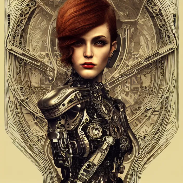 Image similar to ultra realistic illustration of a retro futuristic female cyborg punk art nouveau filgree scrollwork, masterpiece, intricate, highly detailed, sharp