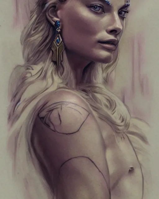 Image similar to realism tattoo sketch of margot robbie as a beautiful greek goddess aphrodite with piercing eyes wearing a laurel wreath and triangle earrings, in the style of greg rutkowski, amazing detail