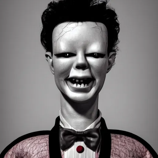 Image similar to A extremely ultra high detailed stunning portrait of a ventriloquist dummy in eraserhead, scary, twisted horrifying, creepy ,ethereal, dramatic lightning, rim light, hyperrealistic, photorealistic, octante render, elegant, cinematic, high textures, hyper sharp, 8k, insanely detailed and intricate, graphic design, cinematic atmosphere, hypermaximalist, hyper realistic, super detailed, 4k HDR hyper realistic high quality