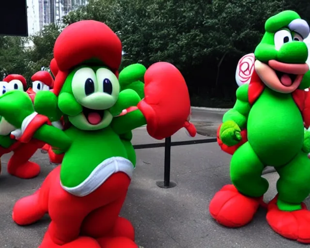 Image similar to yoshi mosh pit, muscular yoshi, yoshi gigachad clones