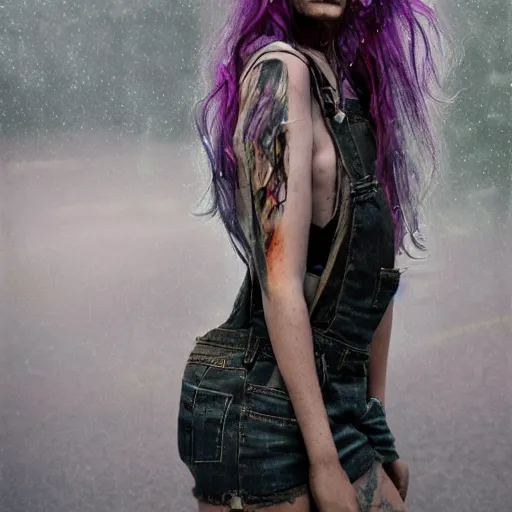 Prompt: A portrait of a grungy woman with rainbow hair, soft eyes and narrow chin, dainty figure, long hair straight down, torn overalls, short shorts, fish net stockings, combat boots, basic white background, side boob, in the rain, wet shirt, style by Jordan Grimmer and greg rutkowski, crisp lines and color, dark and mysterious, lively atmospheric, cinematic, 8k, 4k, ultra detail, ultra-realistic, rendered by Artstation,